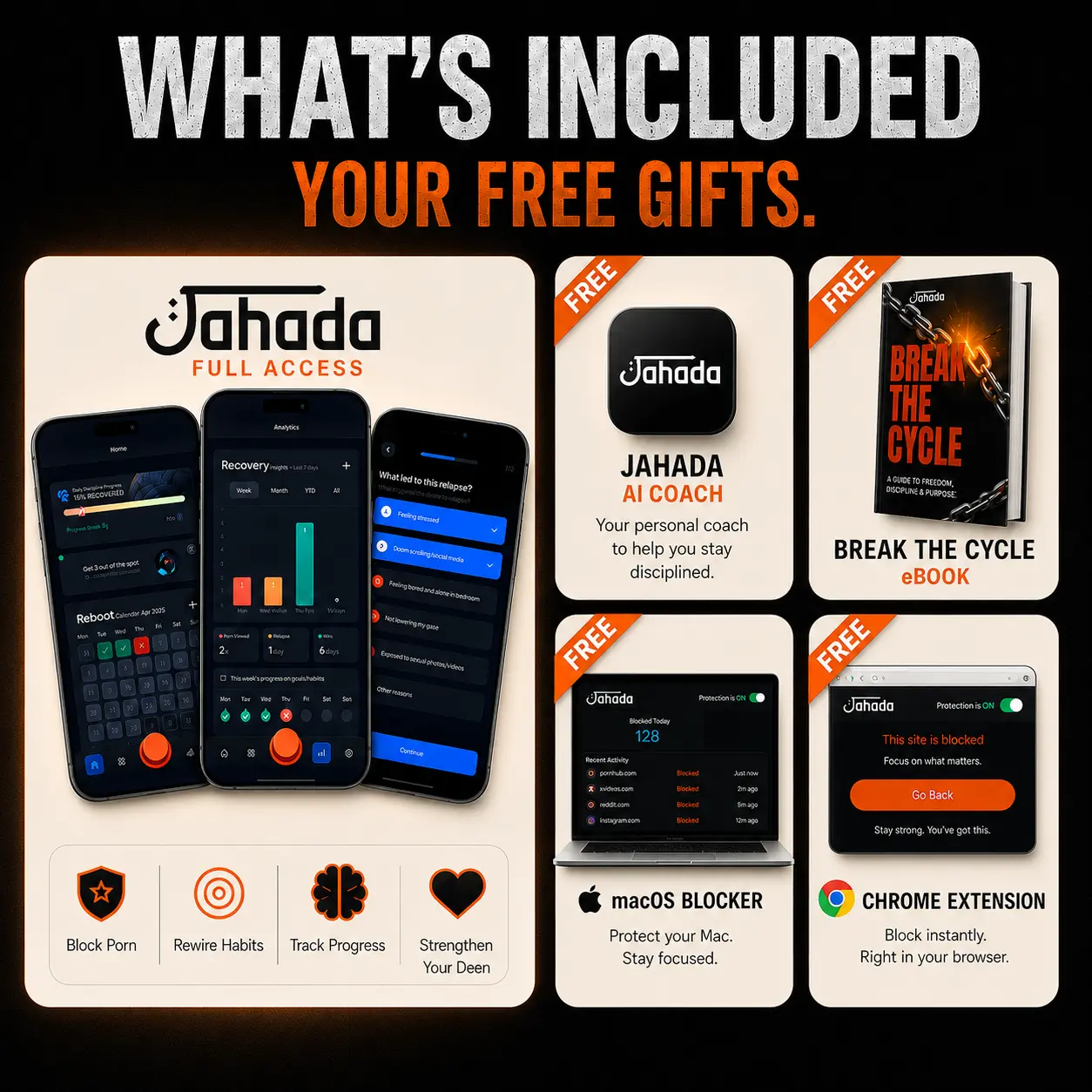 Jahada recovery stack with AI Coach, ebook, macOS blocker, and Chrome extension